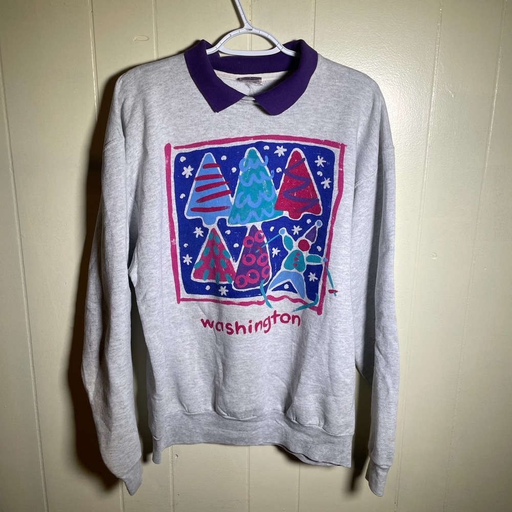 Vintage Studio 120 Washington Snowflake Graphic Collared Sweatshirt Gray One Sz